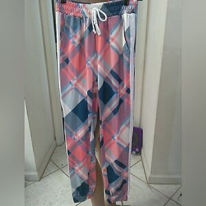 NWT CBR Coral, Navy & White Striped Plaid Joggers SZ. M W/ PKTS. COTTON/ POLY